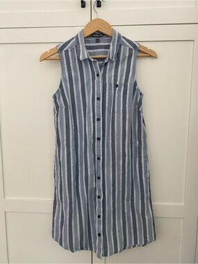 Toad&Co Organic Cotton Blue Vertical Stripes Sleeveless Shirt Dress Size Small